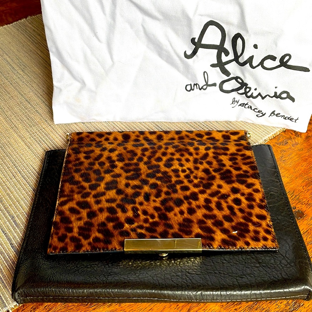Alice and Olivia Leopard and leather envelope clutch